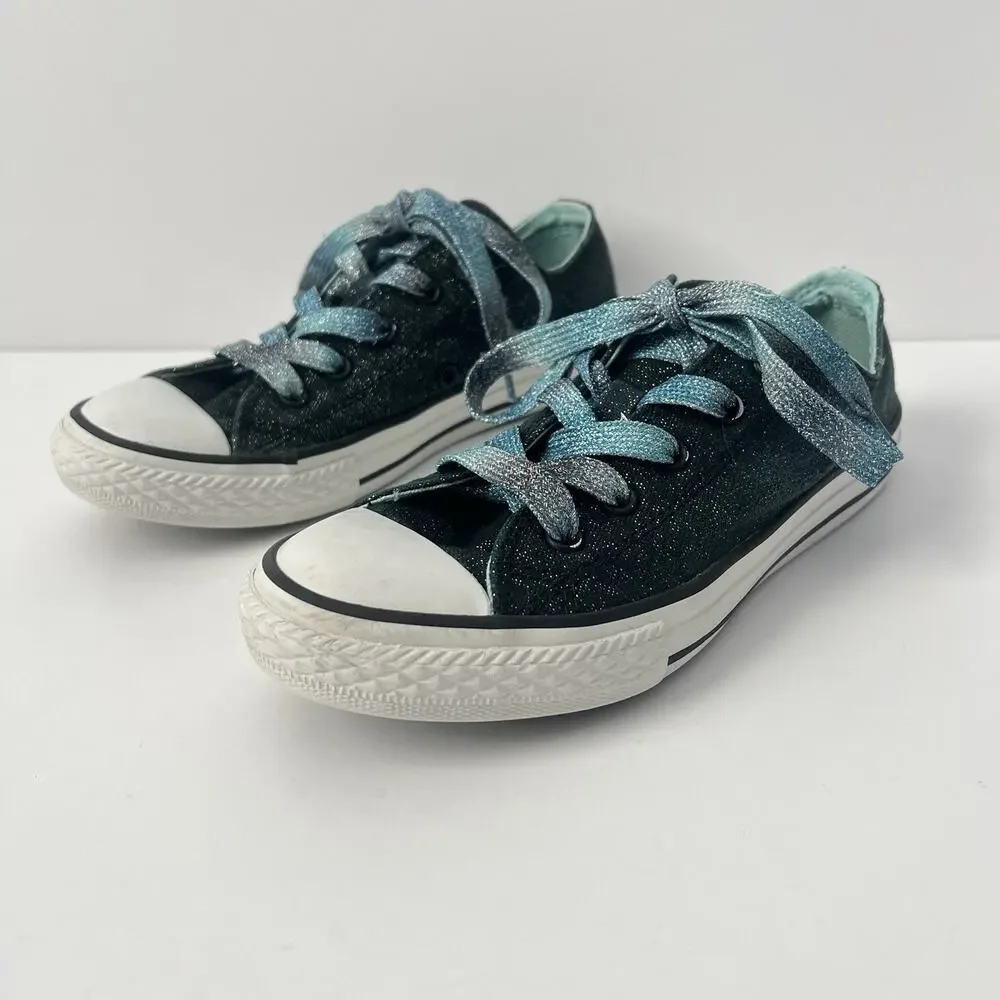 Converse All Star Double Tongue Lace Sneakers Black Blue Sparkle Junior Girl 2